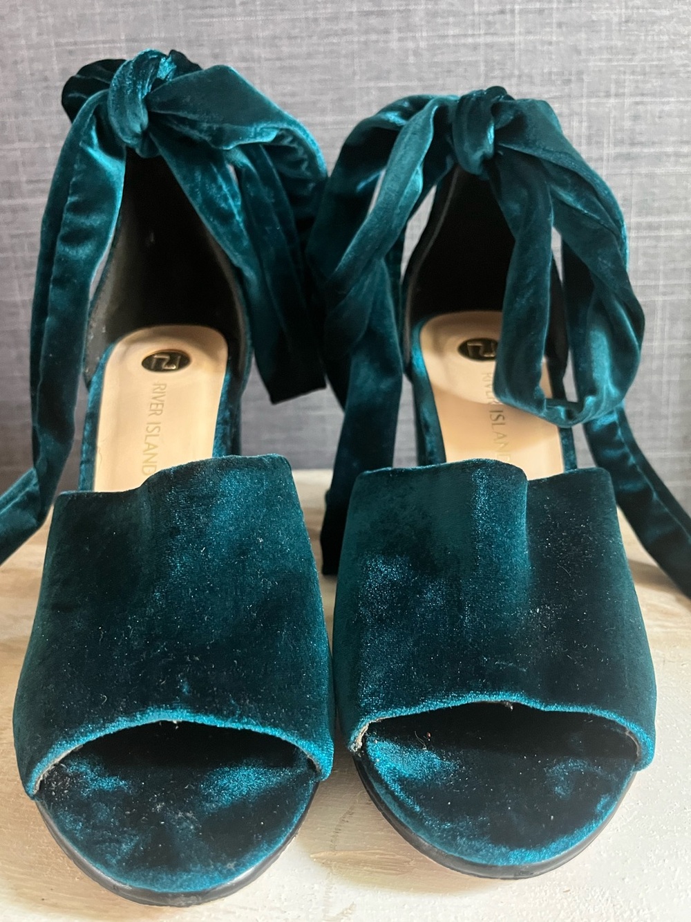 River Island Teal Velvet Peep Toe Block Heels with Ankle Wrap